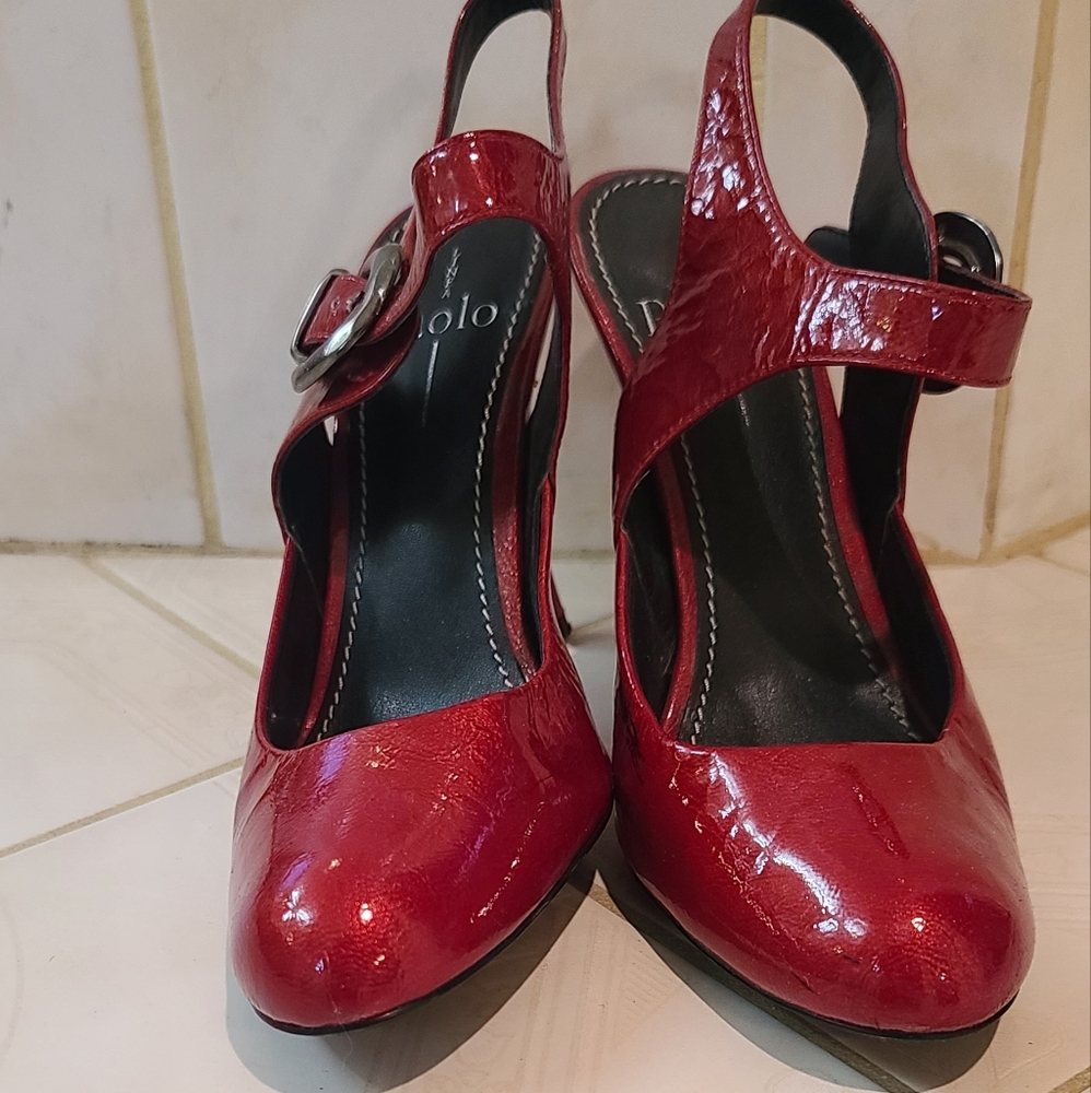 Cherry red high heels with ankle strap